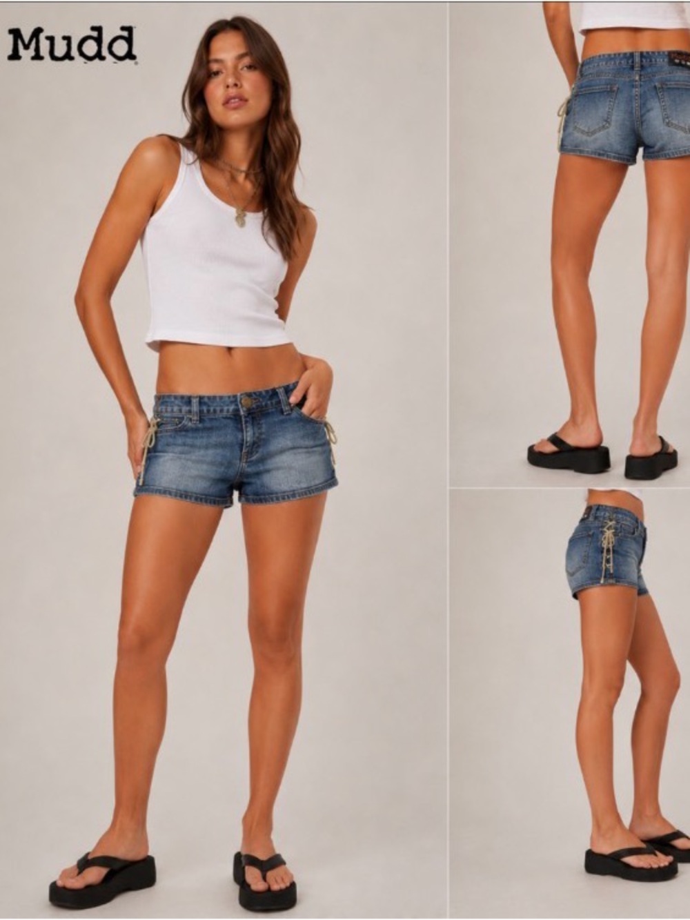 Vintage Y2K Mudd Lace Up Hip Denim Shorts Low Rise Mallcore McBling Size 0